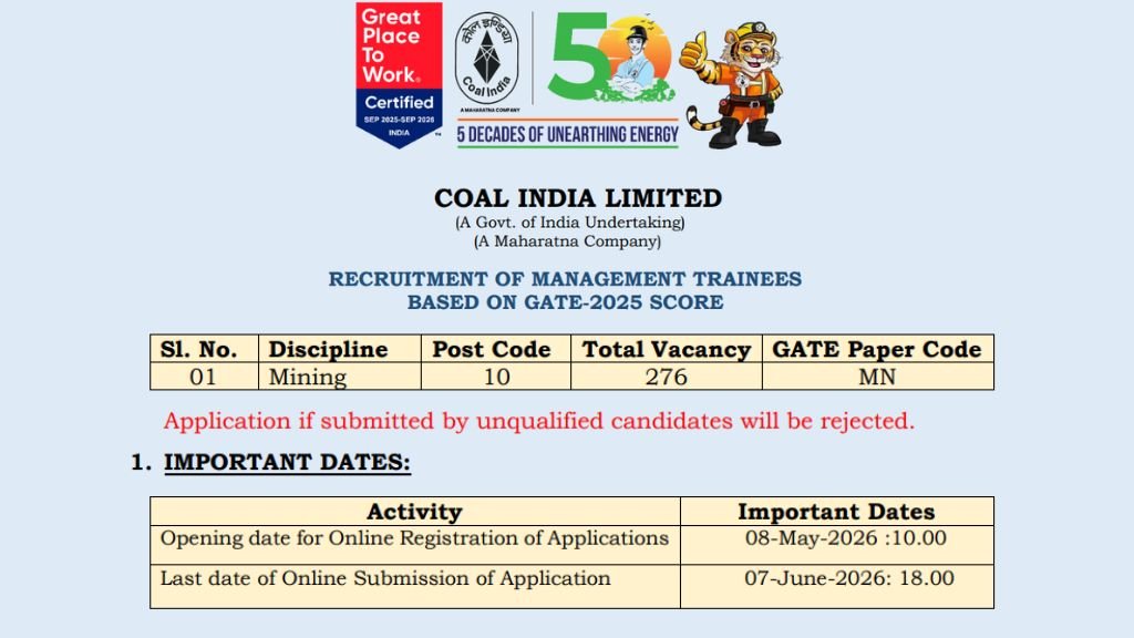 Coal India Management Trainee Recruitment 2026 | Coal India CIL Management Trainee MT (Through GATE) Recruitment 2026
